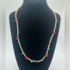 Vintage All Stone Beaded Necklace Boho Turquoise Red 20”
